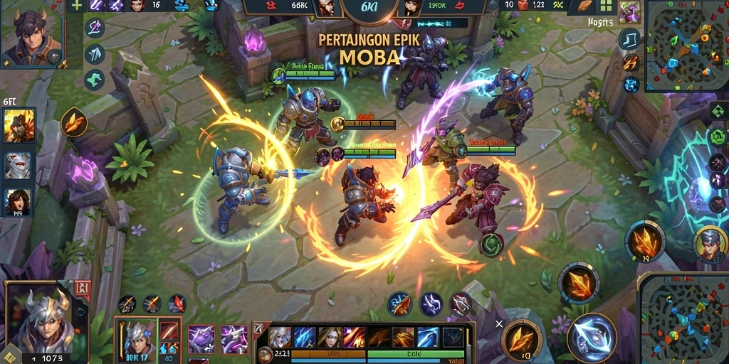 Screenshot dari 6RT menampilkan pertempuran seru antara tim di arena MOBA.