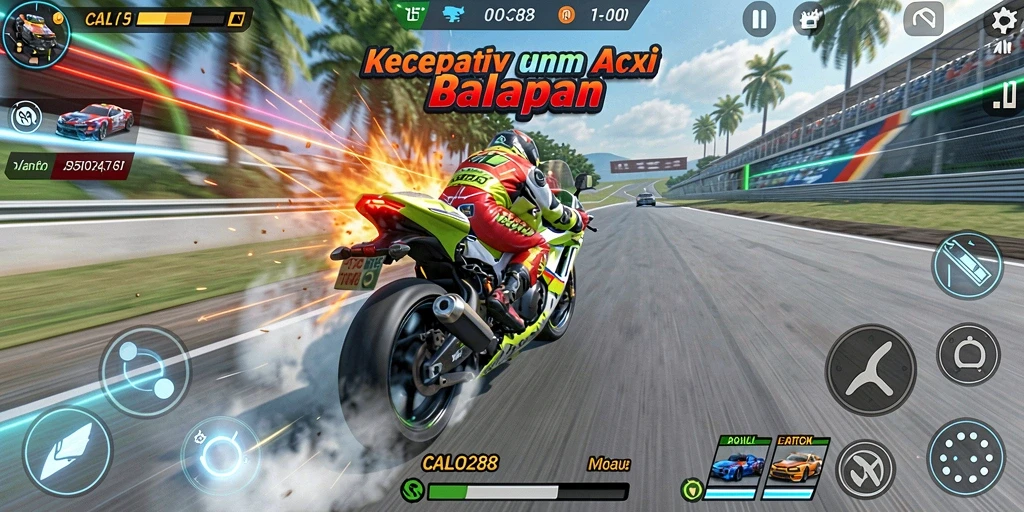 Gameplay menegangkan dalam balapan motor yang seru.