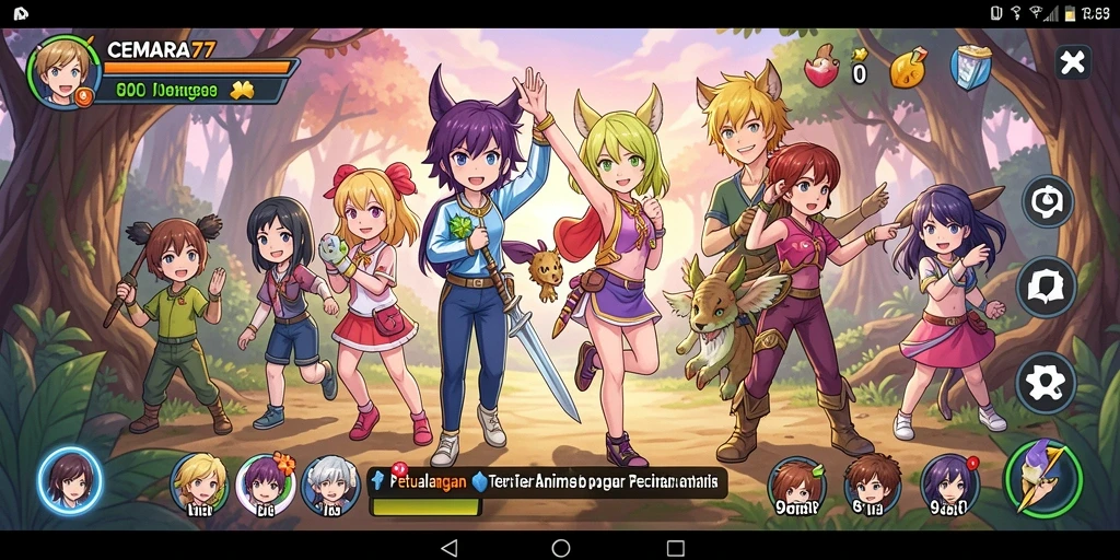 Tampilan gameplay CEMARA77 dengan karakter anime yang menarik.