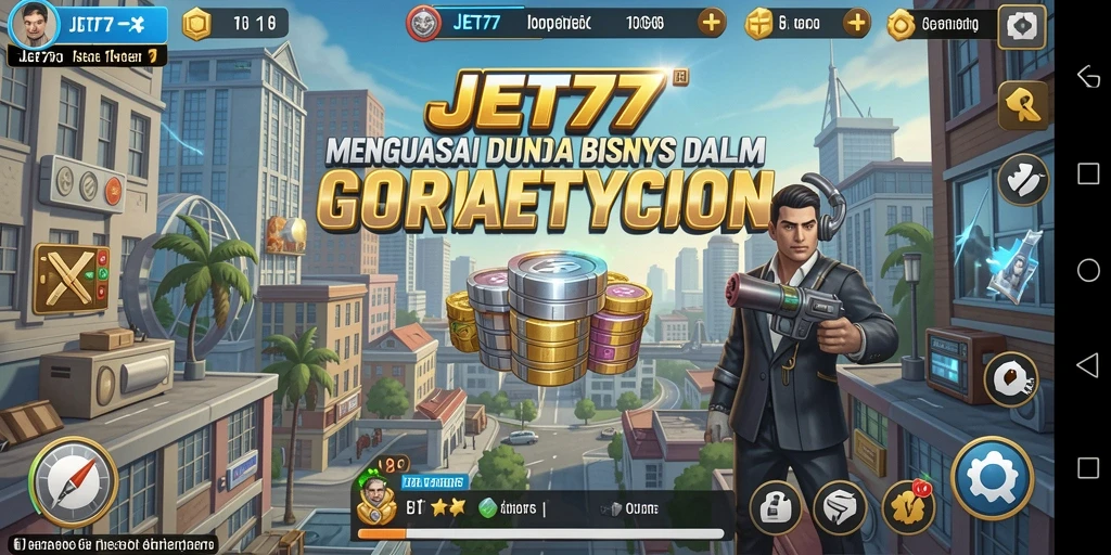 Tampilan gameplay JET77 dengan elemen manajemen bisnis Tycoon.