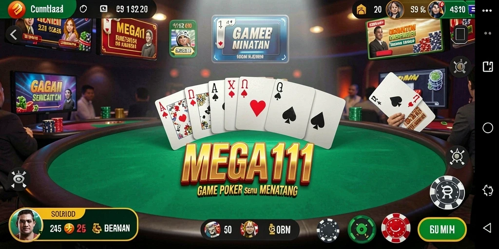 Screenshot MEGA111 menampilkan aksi seru permainan Poker.