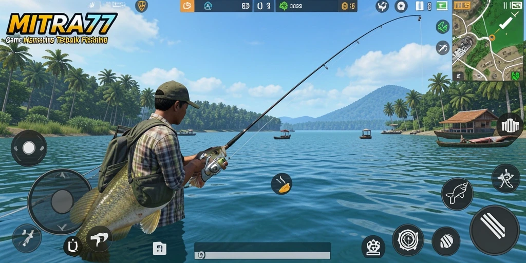 Tangkapan layar gameplay MITRA77 yang menampilkan suasana memancing yang seru.