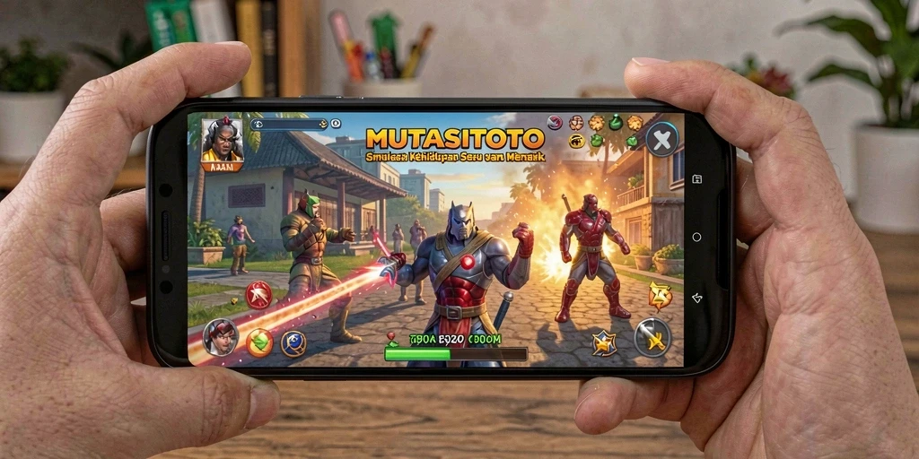 Tampilan utama gameplay MUTASITOTO dengan karakter yang sedang beraktivitas.