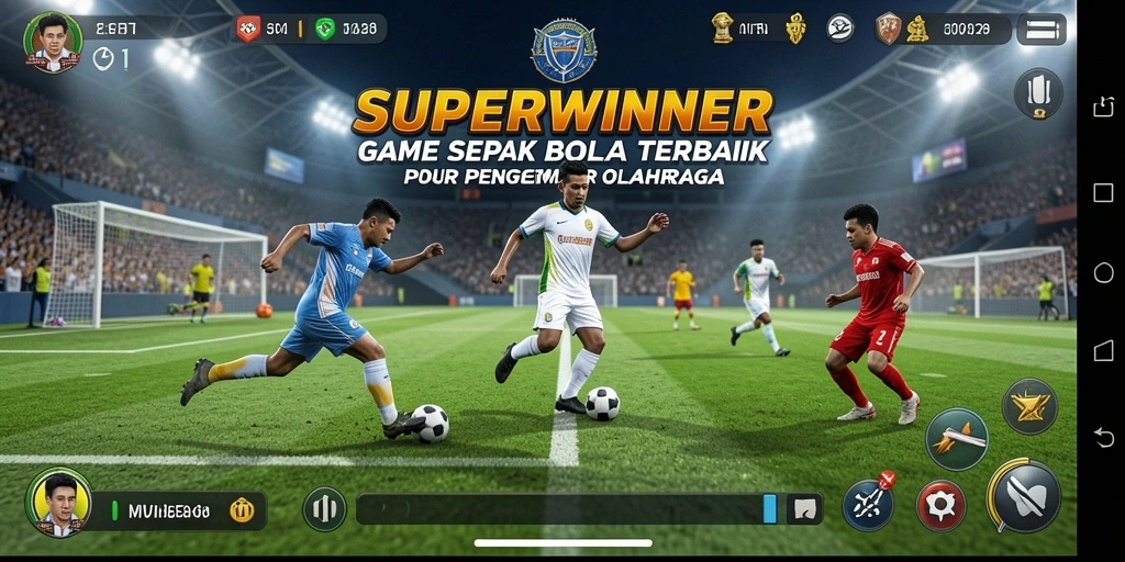 Screenshot gameplay SUPERWINNER menunjukkan aksi seru di lapangan sepak bola.