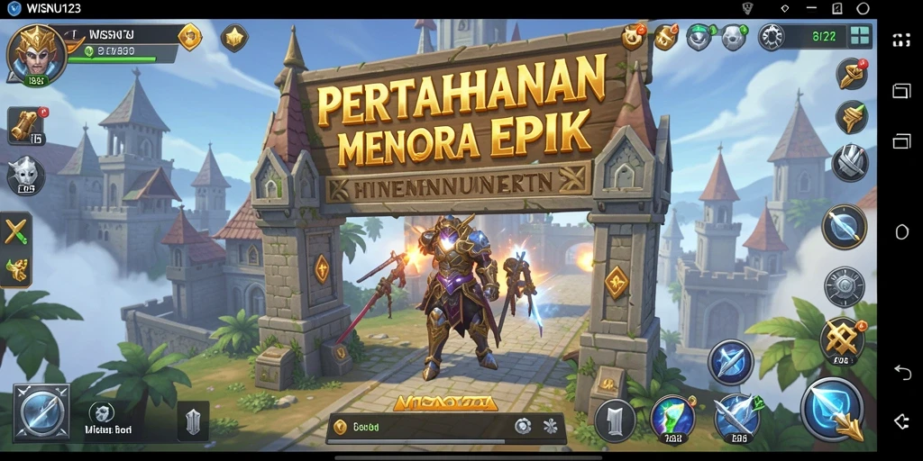 Screenshot gameplay WISNU123 menampilkan strategi Tower Defense yang seru.