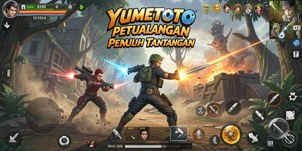 Tampilan aksi intens dalam permainan YUMETOTO saat bertarung melawan musuh.